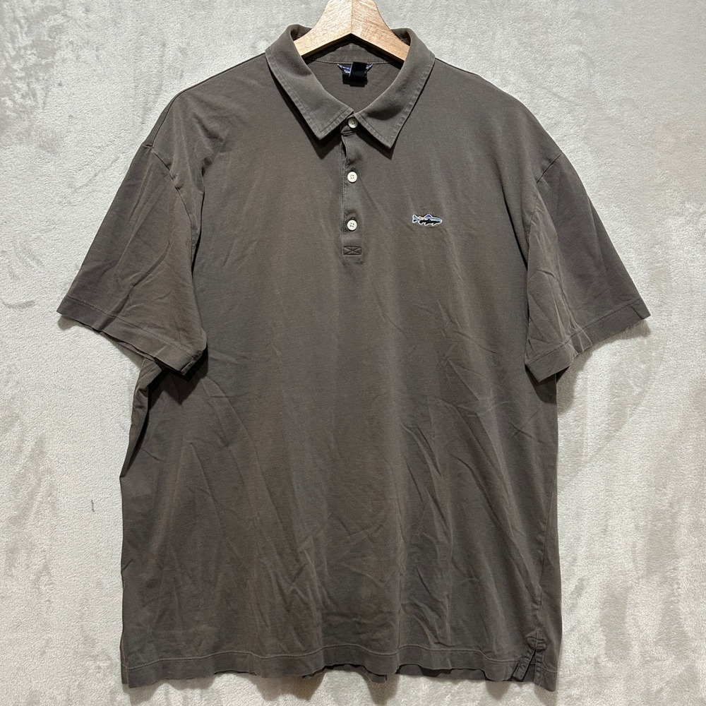 Patagonia Mens XL Organic Cotton‎ Short Sleeve Polo Shirt Brown Trout Logo Fish